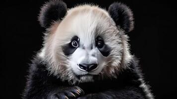 A panda wearing a mask sits in front of black background. is split diagonally into two sections, photo