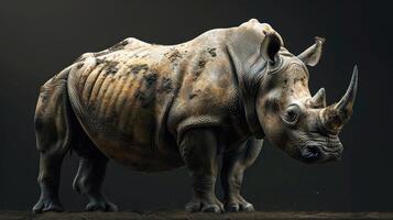 A 3D rendering of a Rhinoceros with a detailed texture, set against a black background. photo