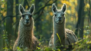Two alpacas looking at the camera in a forested area during the daytime, photo