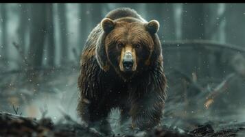 A brown bear with a determined expression, standing in a forest during winter. photo