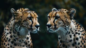 Two cheetahs staring directly at the camera with mirror reflections creating an interesting visual e photo