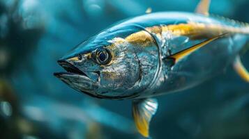 A giant yellow and black fish with a transparent head swimming in the ocean. photo