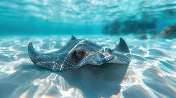 A close-up view of a blue fish in the ocean, looking into its eyes. photo