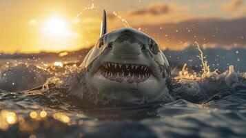 A large great white shark swims on the surface of a sunset with the sun setting behind it, photo