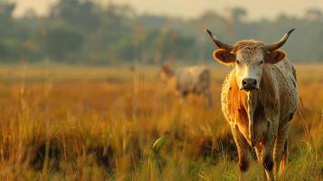A cow with horns walking towards the camera during sunset in a grassy, open field. photo