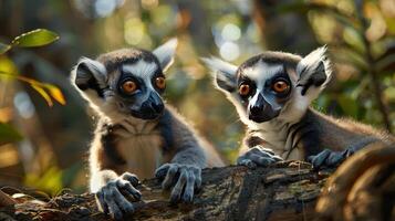 Two lemurs have a conversation while perched on a tree branch. photo