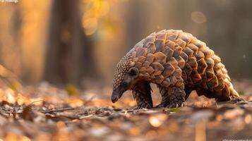 A single pangolin traversing a leaf-covered path in an autumnal forest. photo