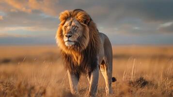 A majestic lion striding away from a clearing, photo