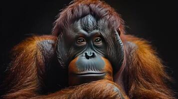 Photo of an orangutan sitting on a black background with a thoughtful look on its face.