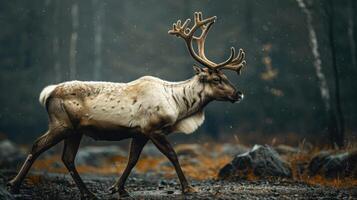 A majestic reindeer in a forest with snow falling, captured in a captivating winter scene photo