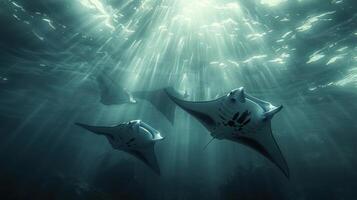 A group of stingrays swimming together under the ocean. One of them has a black spot on it. photo