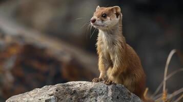 A cute little rodent, possibly a marmot or squirrel, perched on a rock in the wilderness. photo
