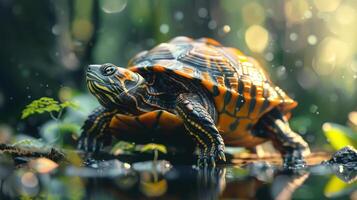 Turtle walking on the ground in a forested area, with moss and plants around it. photo
