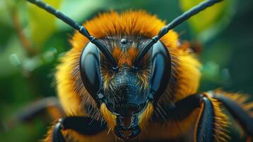 Close-up of a bee with clear focus on its face, which is composed of black and yellow stripes. photo