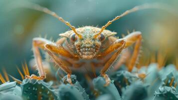 Close-up of a bee's head on a green leaf, with a focus on its eyes and antennae. photo