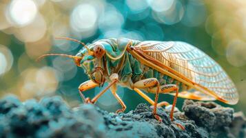 A close up of a large, exotic green and yellow bug with intricate designs on its body, photo
