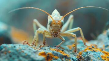 A close-up of a brown and orange grasshopper on a rock with moss in the background. photo