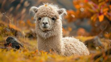 A small, fluffy coca native llama sits calmly in the grass on an autumn day. photo
