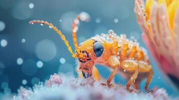 a close up photo of a flower bug or insect crawling on pink flowers.