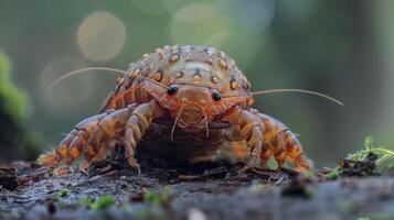 A red crab with black eyes and legs on a wet surface, possibly in the rainforest. photo