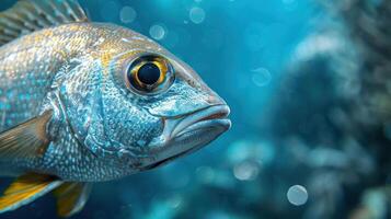 A close-up image of a colorful fish in the ocean, possibly a parrotfish or similar species, photo