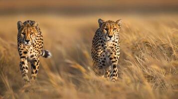In a wild grassy field, two cheetahs are captured running and looking for prey. photo