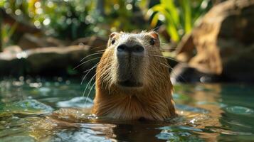 Cute badger splashing around in a pool filled with water and surrounded by rocks, photo