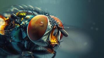 Close-up of a fly's eye looking to the left with a clear view of details and colors photo