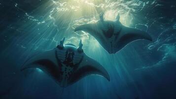 Two scuba divers under the ocean's surface surrounded by stingrays and a shark. photo