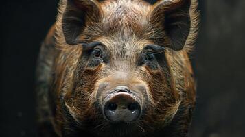 A close-up photo of a pinkish pig with red eyes, appearing to gaze at the viewer.