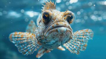 An exotic looking fish with distinctive markings and patterns, possibly a lionfish. photo