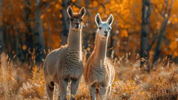 Adorable alpacas enjoying the fall season in a picturesque meadow with trees and orange foliage. photo