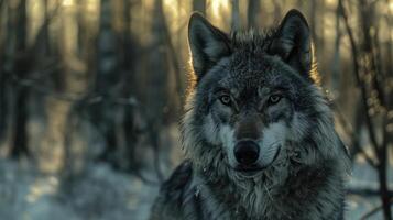 A close-up of a wolf's face, with its mouth slightly open and eyes focused. photo
