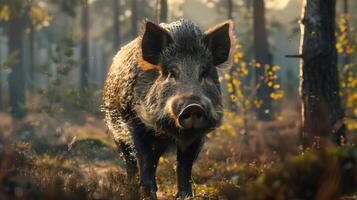 A large pig is standing on a trail with tall trees around. It has mud on its back and legs, photo