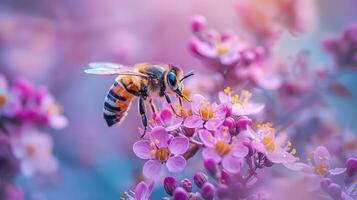 A buzzing bee hovering over purple and pink flowers, creating a serene and colorful scene. photo