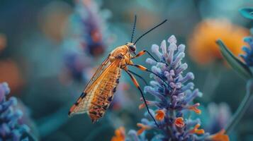captures an eye-catching moment of a red and black insect, possibly a bee or a butterfly, photo