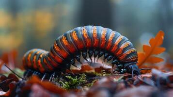 A close-up photograph of two caterpillars on a red leaf in autumn, photo