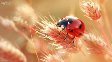 A vibrant red ladybug perched atop a dried plant, looking forward and ready to fly. photo