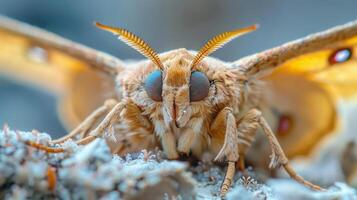 A close-up photo of a moth, highlighting its unique features such as antennae and large eyes.