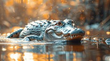 A crocodile swimming in a river surrounded by reeds and lily pads. photo