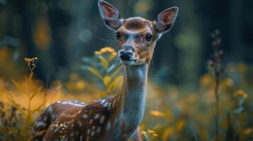A young deer gazes directly at the camera with a gentle expression, photo