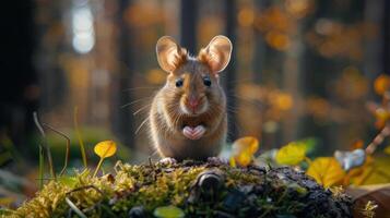 A cute little mouse standing on a rock among the autumn leaves, looking up and ready to explore. photo