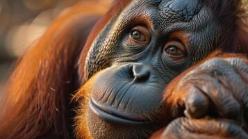 An orangutan looking at the camera with a slight smile, appearing relaxed in its natural habitat. photo