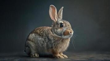 depicts a rabbit with its ears perked up, looking attentively at the camera. photo