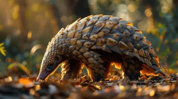 A pangolin walking through a beautiful autumn forest with leaves on the ground. photo