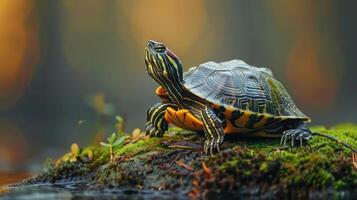 A turtle is seen on a mossy rock, seemingly ready to jump into the water, photo