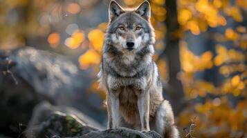 Wolf is standing on top of a rock with fall leaves in the background. photo