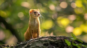 A small, adorably cute red squirrel perched confidently atop a tree stump, photo
