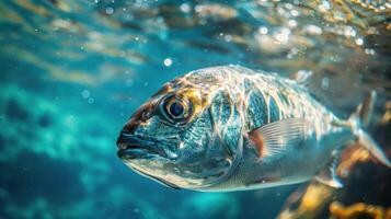 A colorful underwater photo featuring a large fish swimming amidst bubbles and surrounded by coral.