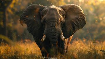 a majestic elephant walking through a field with sunlight shining on it, photo